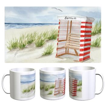 Tasse Becher Kaffeebecher Aquarell Maritim Kunst Druck Kunstdruck Nordsee Insel Borkum Strandzelt Zelt Strandkorb Strand Meer Dünen