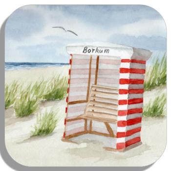 Untersetzer Glasuntersetzer 9,5 x 9,5 cm Aquarell Maritim Kunst Druck Kunstdruck Nordsee Insel Borkum Strandzelt Zelt Strandkorb Strand Meer Dünen