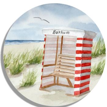 Untersetzer Glasuntersetzer rund 9,5 cm Aquarell Maritim Kunst Druck Kunstdruck Nordsee Insel Borkum Strandzelt Zelt Strandkorb Strand Meer Dünen