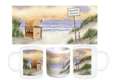 Tasse Becher Kaffeebecher  Aquarell Kunst Druck Kunstdruck Strandkorb Sonnenuntergang Dänemark Nordsee Ostsee Meer Möwe Strand Wunschname