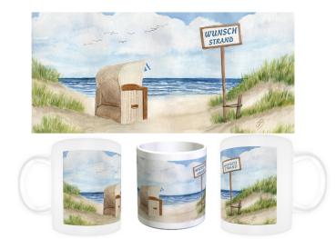 Tasse Becher Kaffeebecher  Aquarell Kunst Druck Kunstdruck Dänemark Strandkorb Nordsee Ostsee Meer Möwe Strand  Wunschname