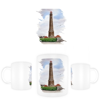 Tasse Becher Kaffeebecher Aquarell Maritim Kunst Druck Kunstdruck Nordsee Insel Borkum Neuer Leuchtturm Strand Meer Dünen