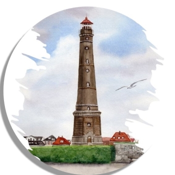 Untersetzer Glasuntersetzer rund 9,5 cm Aquarell Maritim Kunst Druck Kunstdruck Nordsee Insel Borkum Neuer Leuchtturm Strand Meer Dünen