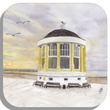 Untersetzer Glasuntersetzer 9,5 x 9,5 cm Aquarell Maritim Kunst Druck Kunstdruck Nordsee Pavillon Musikpavillon Insel Borkum Meer Strand