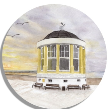 Untersetzer Glasuntersetzer rund 9,5 cm Aquarell Maritim Kunst Druck Kunstdruck Nordsee Pavillon Musikpavillon Insel Borkum Meer Strand