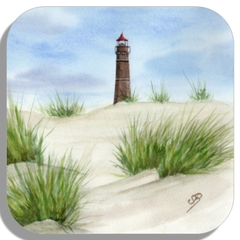 Untersetzer Glasuntersetzer 9,5 x 9,5 cm Aquarell Maritim Kunst Druck Kunstdruck Nordsee Insel Borkum Neuer Leuchtturm Strand Meer Dünen