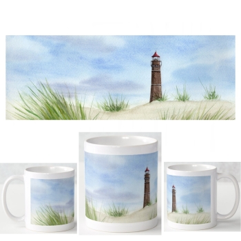 Tasse Becher Kaffeebecher Aquarell Maritim Kunst Druck Kunstdruck Nordsee Insel Borkum Neuer Leuchtturm Strand Meer Dünen
