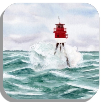 Untersetzer Glasuntersetzer 9,5 x 9,5 cm Aquarell Maritim Kunst Druck Kunstdruck Nordsee Insel Borkum18 Fischerbalje Bake Leuchtfeuer