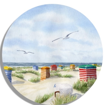Untersetzer Glasuntersetzer rund 9,5 cm Aquarell Maritim Kunst Druck Kunstdruck Nordsee Insel Borkum Strandzelt Zelt Strandkorb Strand Meer Dünen
