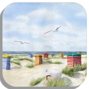 Untersetzer Glasuntersetzer 9,5 x 9,5 cm Aquarell Maritim Kunst Druck Kunstdruck Nordsee Insel Borkum Strandzelt Zelt Strandkorb Strand Meer Dünen