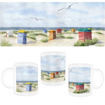 Tasse Becher Kaffeebecher Aquarell Maritim Kunst Druck Kunstdruck Nordsee Insel Borkum Strandzelt Zelt Strandkorb Strand Meer Dünen