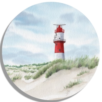 Untersetzer Glasuntersetzer rund 9,5 cm Aquarell Maritim Kunst Druck Kunstdruck Nordsee Insel Borkum Borkum elektrischer Leuchtturm und rote Badekarre am Strand - BO20A rund