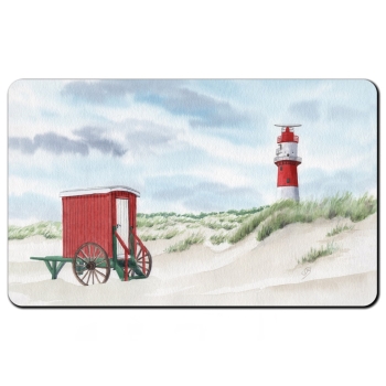 Frühstücksbrettchen Brettchen Aquarell Maritim Kunst Druck Kunstdruck Nordsee Insel Borkum elektrischer Leuchtturm und rote Badekarre am Strand - BO20