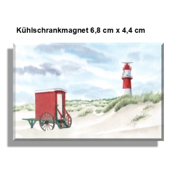 Kühlschrankmagnet Aquarell Maritim Kunst Druck Kunstdruck Nordsee Insel Borkum elektrischer Leuchtturm und rote Badekarre am Strand - BO20