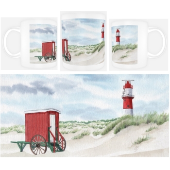 Tasse Becher Kaffeebecher Aquarell Maritim Kunst Druck Kunstdruck Nordsee Insel Borkum elektrischer Leuchtturm und rote Badekarre am Strand - BO20