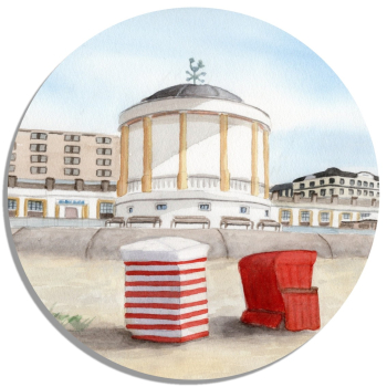 Untersetzer Glasuntersetzer rund 9,5 cm Aquarell Maritim Kunst Druck Kunstdruck Nordsee Pavillon Musikpavillon Insel Borkum Meer Strand