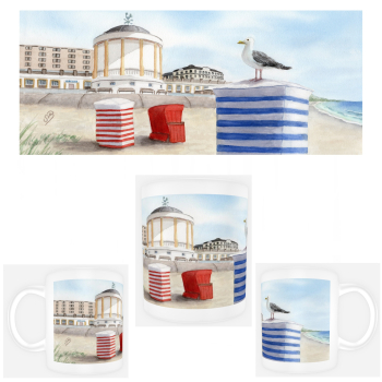 Tasse Becher Kaffeebecher Aquarell Maritim Kunst Druck Kunstdruck Nordsee Pavillon Musikpavillon Insel Borkum Meer Strand