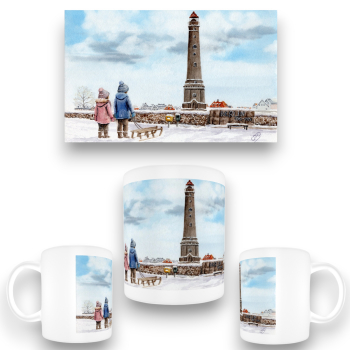 Tasse Becher Kaffeebecher Aquarell Maritim Kunst Druck Kunstdruck Nordsee Insel Borkum Neuer Leuchtturm Strand Meer Dünen