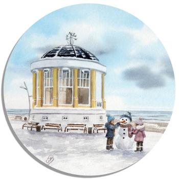 Untersetzer Glasuntersetzer rund 9,5 cm Aquarell Maritim Kunst Druck Kunstdruck Nordsee Pavillon Musikpavillon Insel Borkum Meer Strand