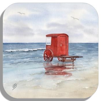 Untersetzer Glasuntersetzer 9,5 x 9,5 cm Aquarell Maritim Kunst Druck Kunstdruck Nordsee Insel Borkum Badekarren rot Strand Meer Dünen