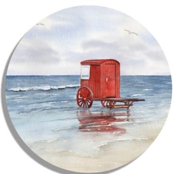 Untersetzer Glasuntersetzer rund 9,5 cm Aquarell Maritim Kunst Druck Kunstdruck Nordsee Insel Borkum Badekarren rot Strand Meer Dünen