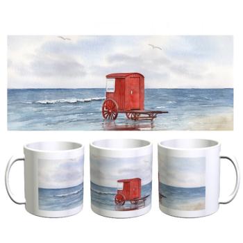 Tasse Becher Kaffeebecher Aquarell Maritim Kunst Druck Kunstdruck Nordsee Insel Borkum Badekarren rot Strand Meer Dünen