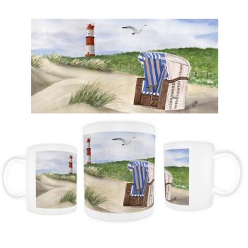 Tasse Becher Kaffeebecher Aquarell Maritim Kunst Druck Kunstdruck Nordsee Strandkorb Leuchtturm Insel Borkum Meer Strand Dünen