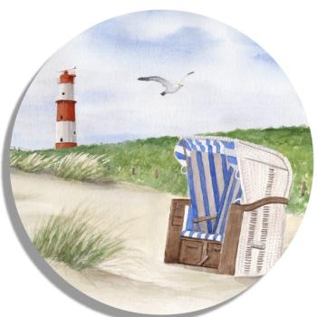 Untersetzer Glasuntersetzer rund 9,5 cm Aquarell Maritim Kunst Druck Kunstdruck Nordsee Strandkorb Leuchtturm Insel Borkum Meer Strand Dünen