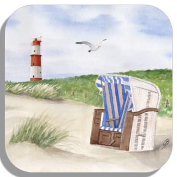 Untersetzer Glasuntersetzer 9,5 x 9,5 cm Aquarell Maritim Kunst Druck Kunstdruck Nordsee Strandkorb Leuchtturm Insel Borkum Meer Strand Dünen