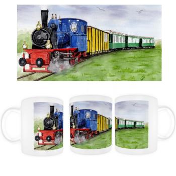 Tasse Becher Kaffeebecher Aquarell Maritim Kunst Druck Kunstdruck Nordsee Kleinbahn Inselbahn Bahn Zug Insel Borkum