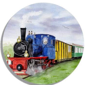 Untersetzer Glasuntersetzer rund 9,5 cm Aquarell Maritim Kunst Druck Kunstdruck Nordsee Kleinbahn Inselbahn Bahn Zug Insel Borkum