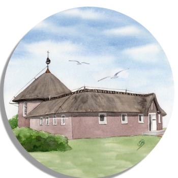 Untersetzer Glasuntersetzer rund 9,5 cm  Aquarell Maritim Kunst Druck Kunstdruck Nordsee Insel Baltrum Kirche