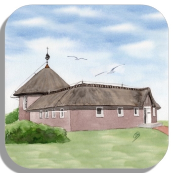 Untersetzer Glasuntersetzer 9,5 x 9,5 cm  Aquarell Maritim Kunst Druck Kunstdruck Nordsee Insel Baltrum Kirche