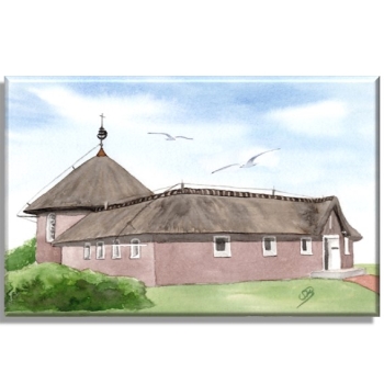 Leinwand 30 x 20 cm Keilrahmen Canvas-Leinen Aquarell Maritim Kunst Druck Kunstdruck Nordsee Insel Baltrum Kirche