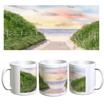 Tasse Becher Kaffeebecher Aquarell Maritim Kunst Druck Kunstdruck Nordsee Insel Baltrum Strand Dünen Meer