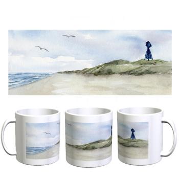 Tasse Becher Kaffeebecher Aquarell Maritim Kunst Druck Kunstdruck Nordsee Insel Baltrum Bake Düne Dünen Strand Meer