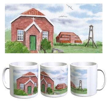 Tasse Becher Kaffeebecher Aquarell Maritim Kunst Druck Kunstdruck Nordsee Insel Baltrum Kirche Inselglocke
