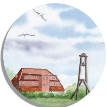Untersetzer Glasuntersetzer rund 9,5 cm  Aquarell Maritim Kunst Druck Kunstdruck Nordsee Insel Baltrum Kirche Inselglocke