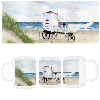 Tasse Becher Kaffeebecher Aquarell Maritim Kunst Druck Kunstdruck Nordsee Insel Baltrum Strand Dünen Meer Badeturm