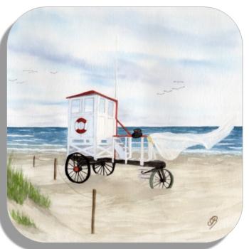 Untersetzer Glasuntersetzer 9,5 x 9,5 cm Aquarell Maritim Kunst Druck Kunstdruck Nordsee Insel Baltrum Strand Dünen Meer Badeturm