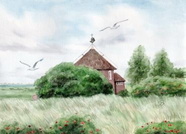 Postkarte DIN-A6 Aquarell Maritim Kunst Druck Kunstdruck Nordsee Insel Baltrum Kirche