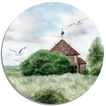 Untersetzer Glasuntersetzer rund 9,5 cm  Aquarell Maritim Kunst Druck Kunstdruck Nordsee Insel Baltrum Kirche
