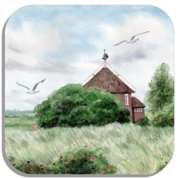 Untersetzer Glasuntersetzer 9,5 x 9,5 cm  Aquarell Maritim Kunst Druck Kunstdruck Nordsee Insel Baltrum Kirche