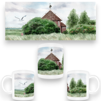 Tasse Becher Kaffeebecher Aquarell Maritim Kunst Druck Kunstdruck Nordsee Insel Baltrum Kirche