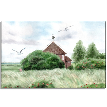 Leinwand 30 x 20 cm Keilrahmen Canvas-Leinen Aquarell Maritim Kunst Druck Kunstdruck Nordsee Insel Baltrum Kirche