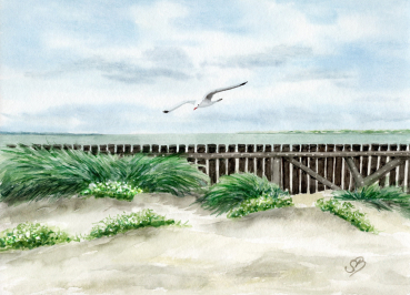 Postkarte DIN-A6 Aquarell Maritim Kunst Druck Kunstdruck Nordsee Insel Baltrum Strand Dünen Meer