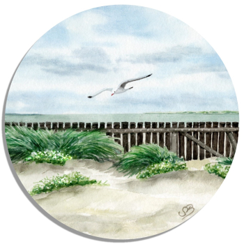 Untersetzer Glasuntersetzer rund 9,5 cm Aquarell Maritim Kunst Druck Kunstdruck Nordsee Insel Baltrum Strand Dünen Meer