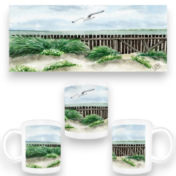 Tasse Becher Kaffeebecher Aquarell Maritim Kunst Druck Kunstdruck Nordsee Insel Baltrum Strand Dünen Meer