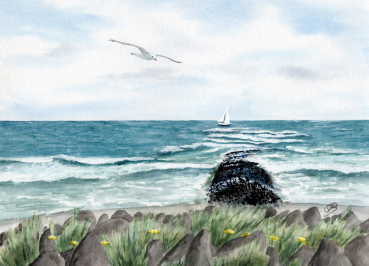 Postkarte DIN-A6 Aquarell Maritim Kunst Druck Kunstdruck Nordsee Insel Baltrum Strand Dünen Meer
