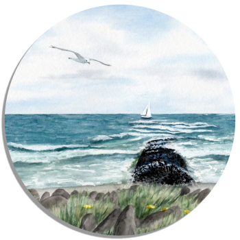 Untersetzer Glasuntersetzer rund 9,5 cm Aquarell Maritim Kunst Druck Kunstdruck Nordsee Insel Baltrum Strand Dünen Meer